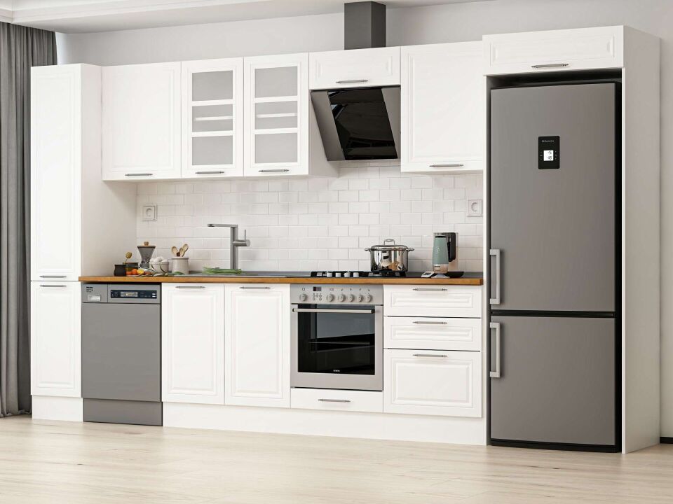 Alvinka 380X222 Cm Klasik Mebran Mutfak Dolabı Mbb-E80B40S60-3 Mebran | Beyaz - Mdf