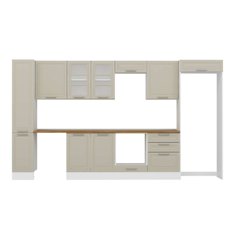 Alvinka 380X222 Cm Klasik Mebran Mutfak Dolabı Mbb-E80B40S60-3 Mebran | Kumtaşı - Mdf