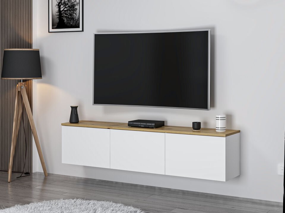 Parion Duvara Monte RGB Led Işıklı Tv Ünitesi - Beyaz/Artisan