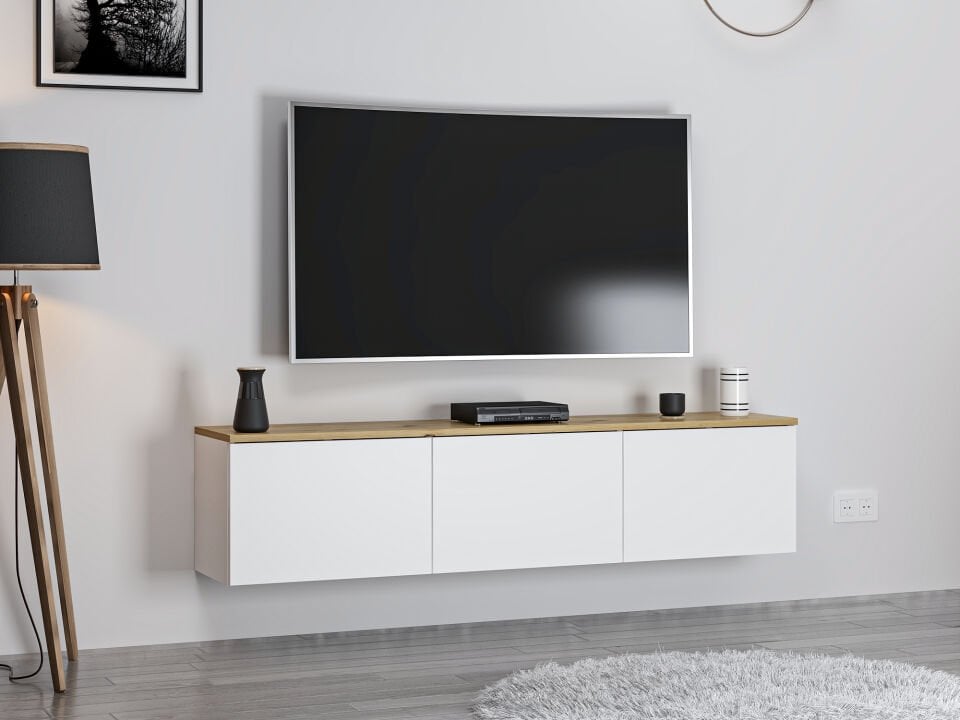 Parion Duvara Monte RGB Led Işıklı Tv Ünitesi - Beyaz/Artisan