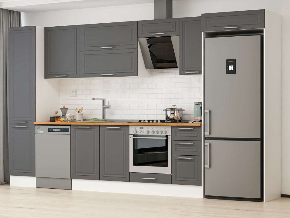 Alvinka 365X222 Cm Klasik Mebran Mutfak Dolabı Mbb-E80B45S40-2 Mebran | Antrasit - Mdf