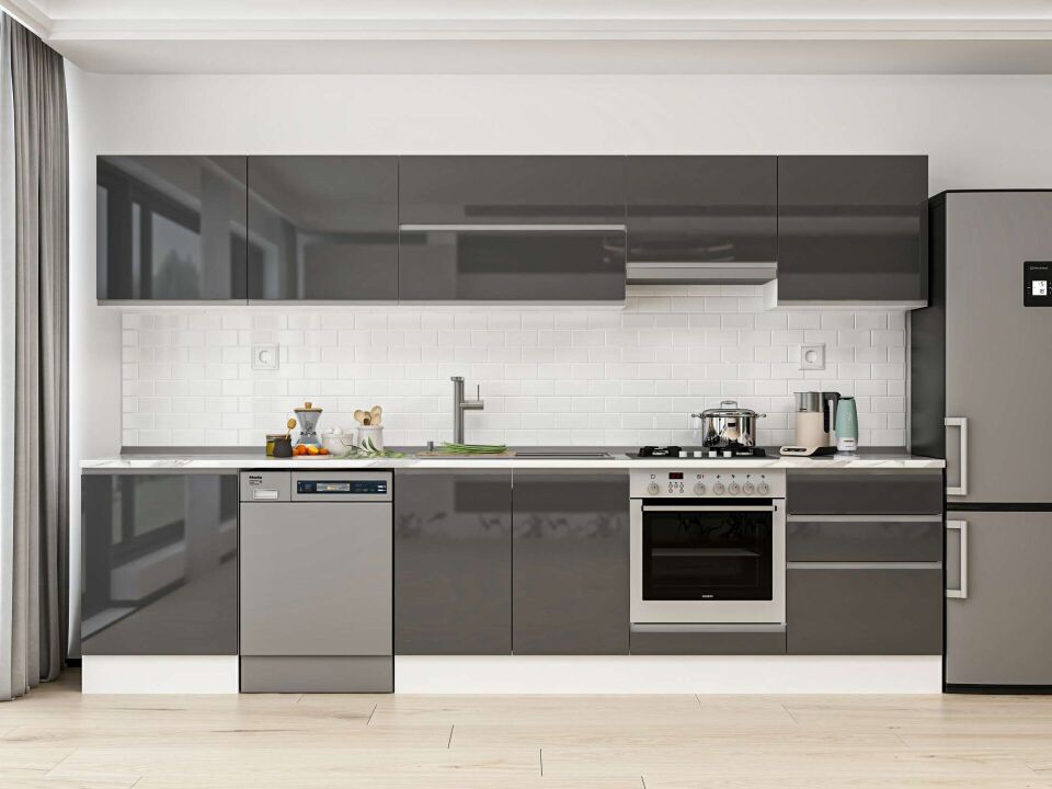 Alvinka 330X210 Cm High Gloss Mutfak Dolabı M-E90S60S60-1 High Gloss | Antrasit - Mdf
