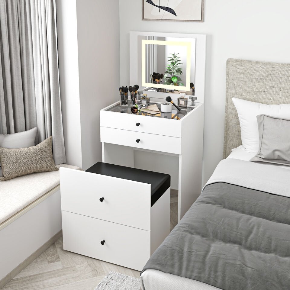 Luna Gizli Puflu Led Aynalı Makyaj Masası - Beyaz