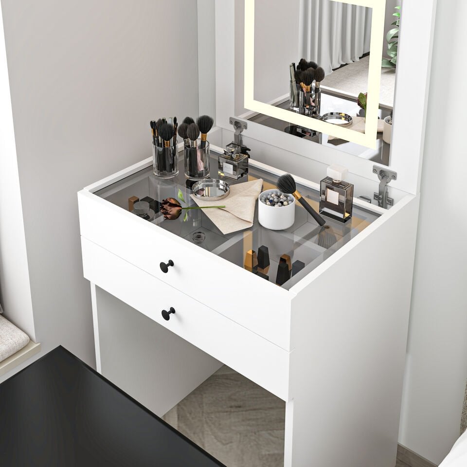 Luna Gizli Puflu Led Aynalı Makyaj Masası - Beyaz