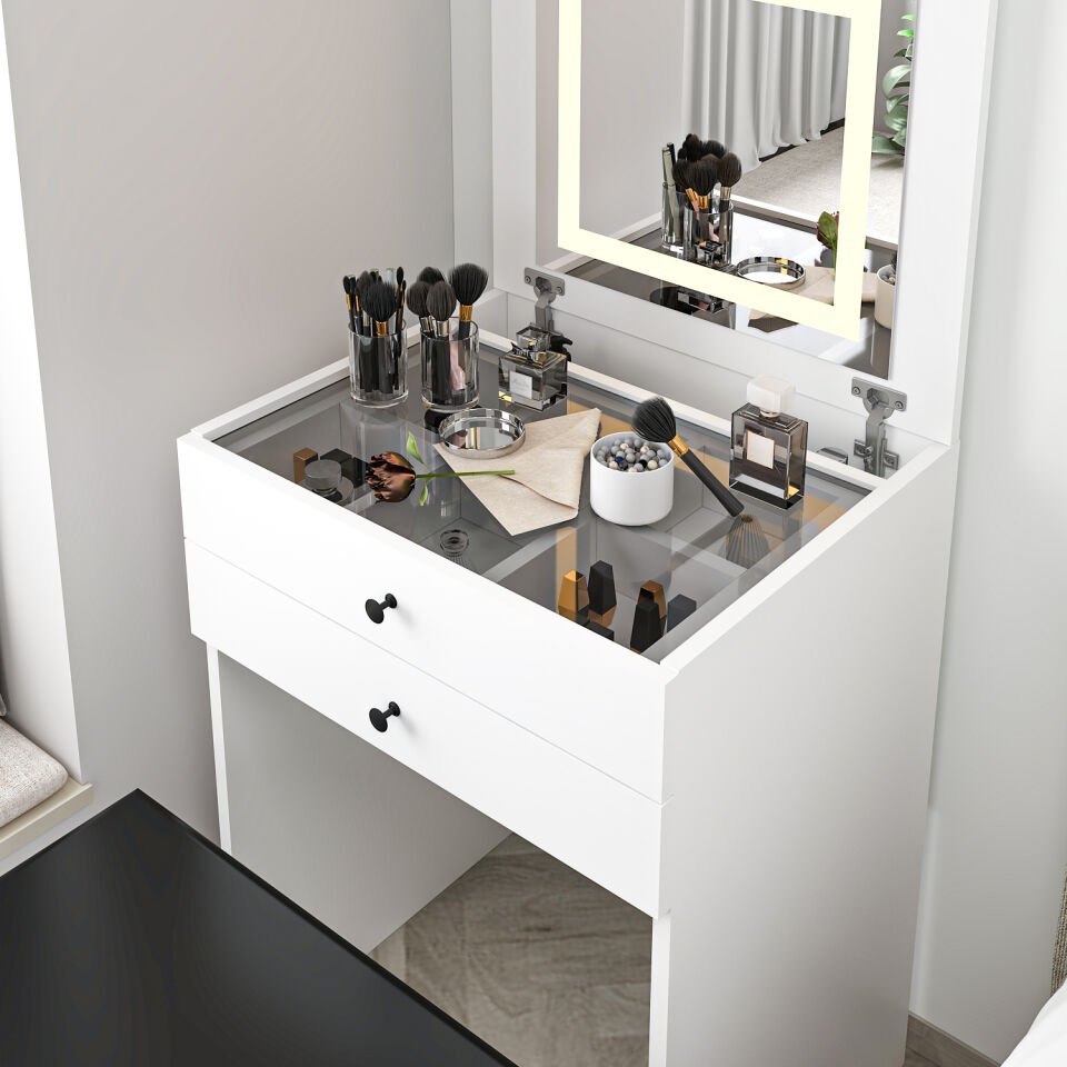 Luna Gizli Puflu Led Aynalı Makyaj Masası - Beyaz