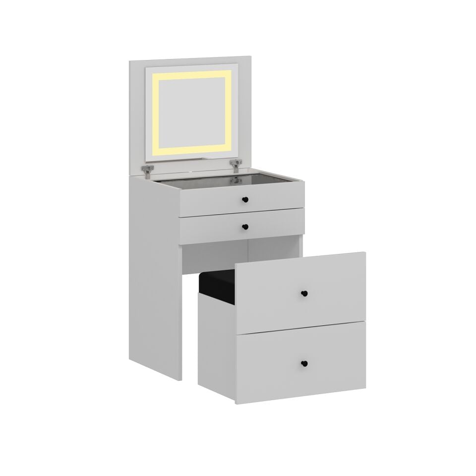Luna Gizli Puflu Led Aynalı Makyaj Masası - Beyaz