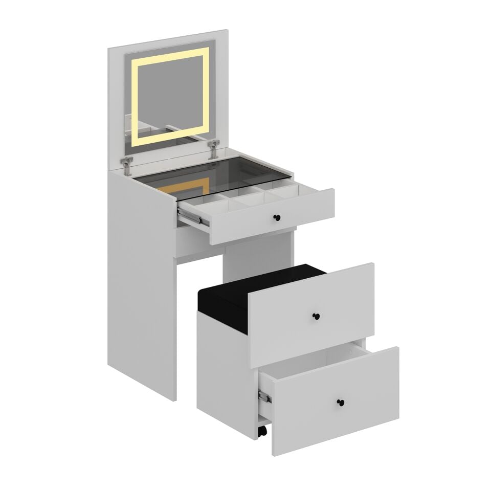 Luna Gizli Puflu Led Aynalı Makyaj Masası - Beyaz