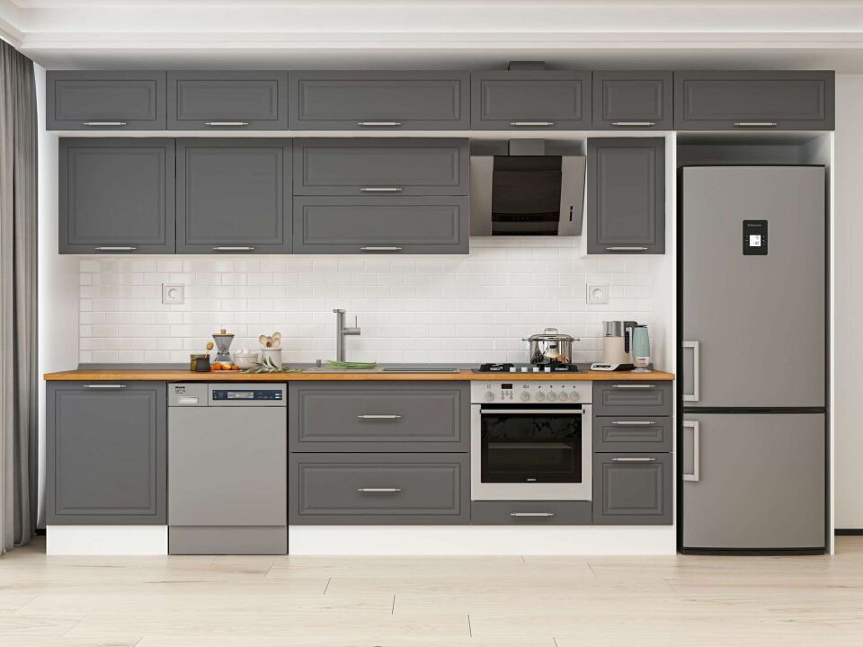 Alvinka 380X240 Cm Klasik Mebran Mutfak Dolabı Mb-E80S60S40-2 Mebran | Antrasit - Mdf