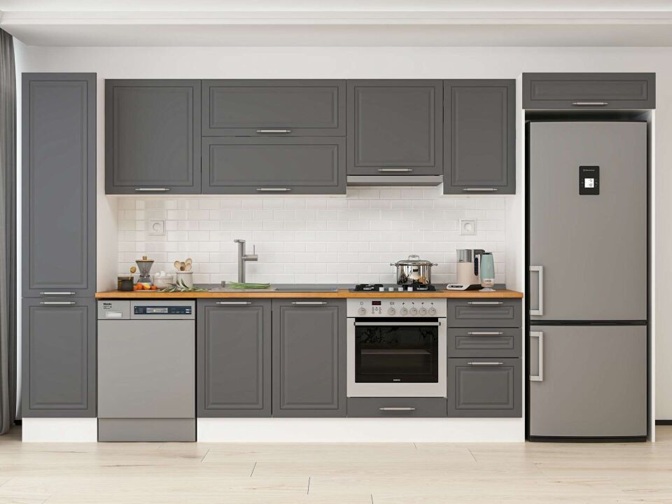 Alvinka 370X222 Cm Klasik Mebran Mutfak Dolabı Mbb-E80B45S45-1 Mebran | Antrasit - Mdf