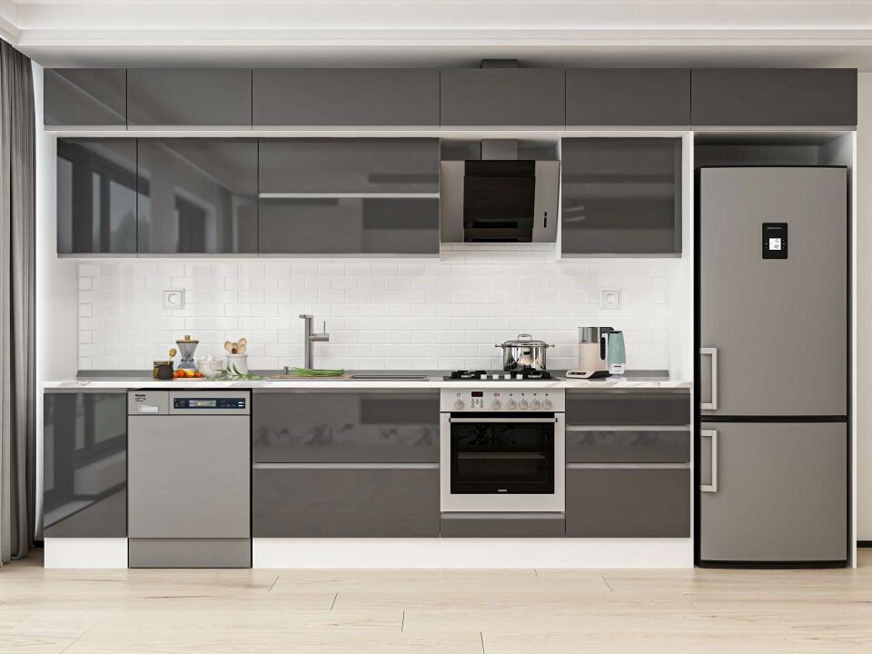 Alvinka 380X240 Cm High Gloss Mutfak Dolabı Mb-E80S40S60-2 High Gloss | Antrasit - Mdf