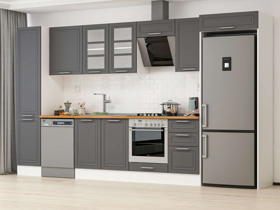 Alvinka 370X222 Cm Klasik Mebran Mutfak Dolabı Mbb-E80B45S45-3 Mebran | Antrasit - Suntalam