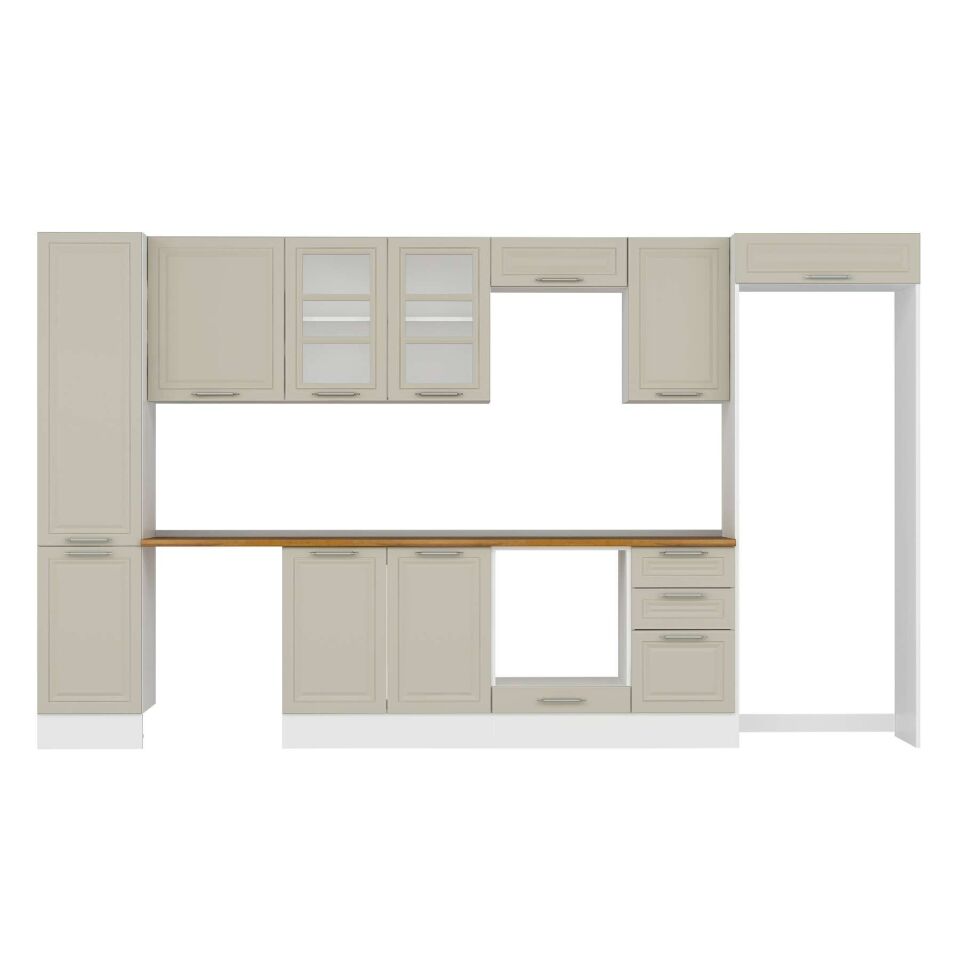 Alvinka 370X222 Cm Klasik Mebran Mutfak Dolabı Mbb-E80B45S45-3 Mebran | Kumtaşı - Mdf