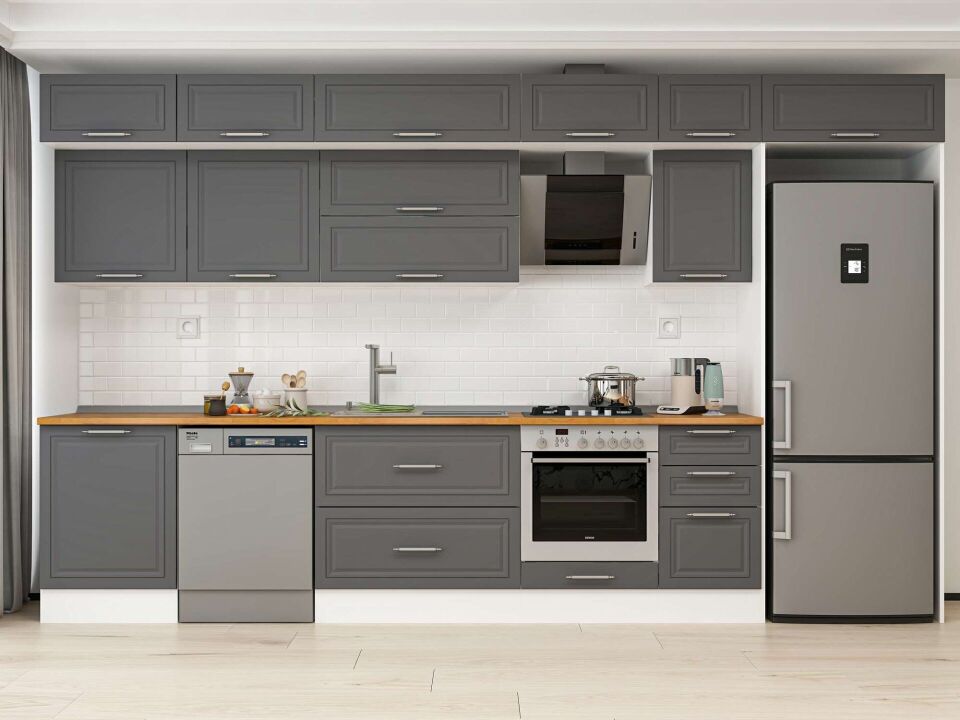 Alvinka 385X240 Cm Klasik Mebran Mutfak Dolabı Mb-E80S60S45-2 Mebran | Antrasit - Mdf
