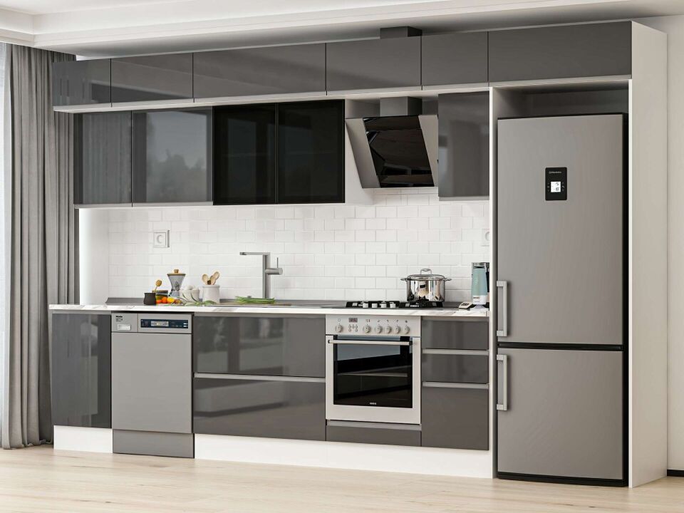 Alvinka 365X240 Cm High Gloss Mutfak Dolabı Mb-E80S45S40-3 High Gloss | Antrasit - Suntalam