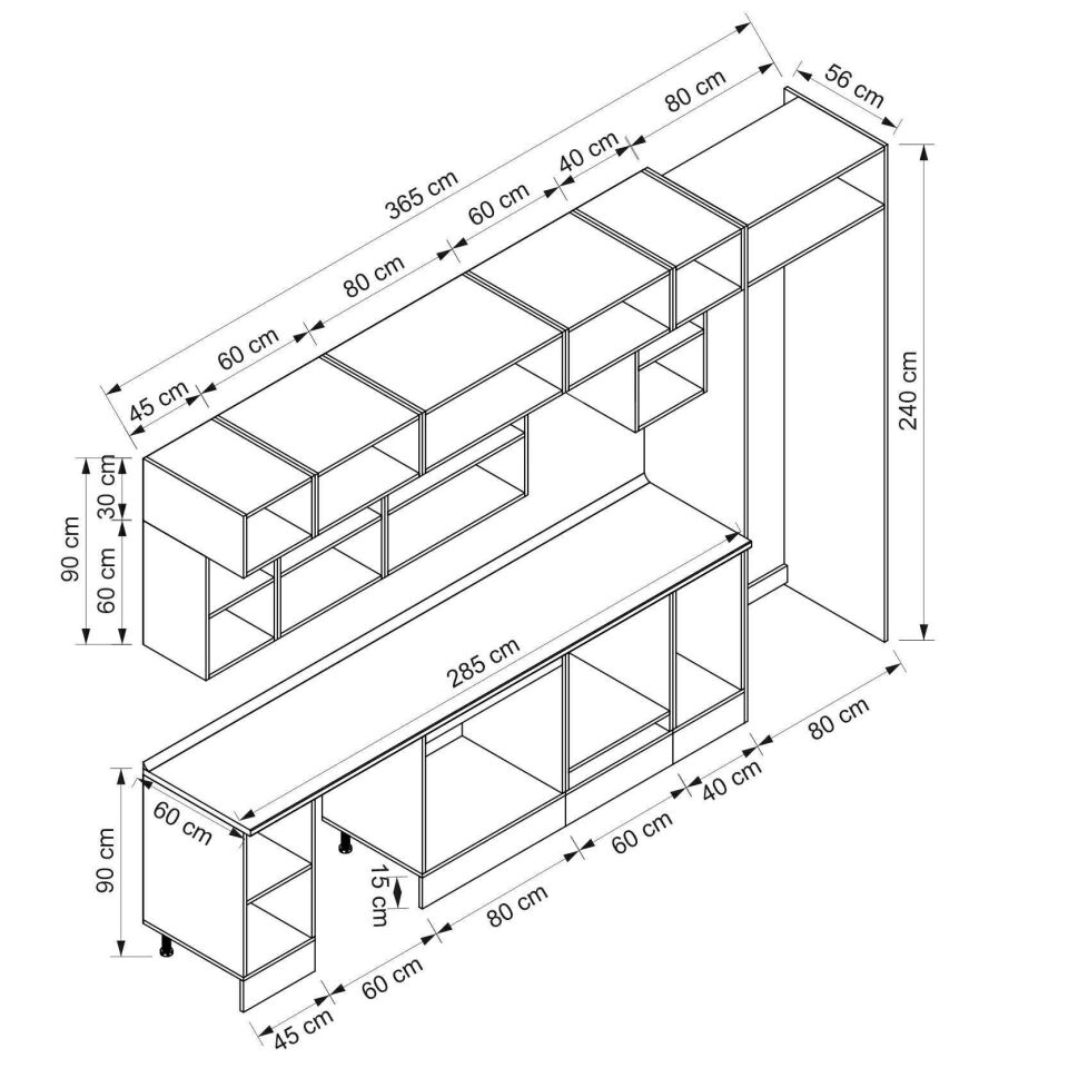 Alvinka 365X240 Cm High Gloss Mutfak Dolabı Mb-E80S45S40-3 High Gloss | Antrasit - Mdf