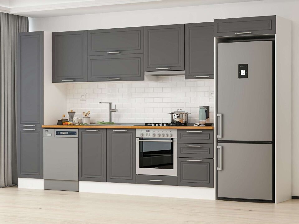 Alvinka 375X222 Cm Klasik Mebran Mutfak Dolabı Mbb-E80B45S50-1 Mebran | Antrasit - Mdf