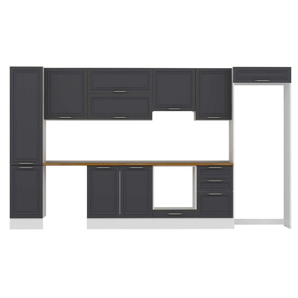 Alvinka 375X222 Cm Klasik Mebran Mutfak Dolabı Mbb-E80B45S50-1 Mebran | Antrasit - Mdf