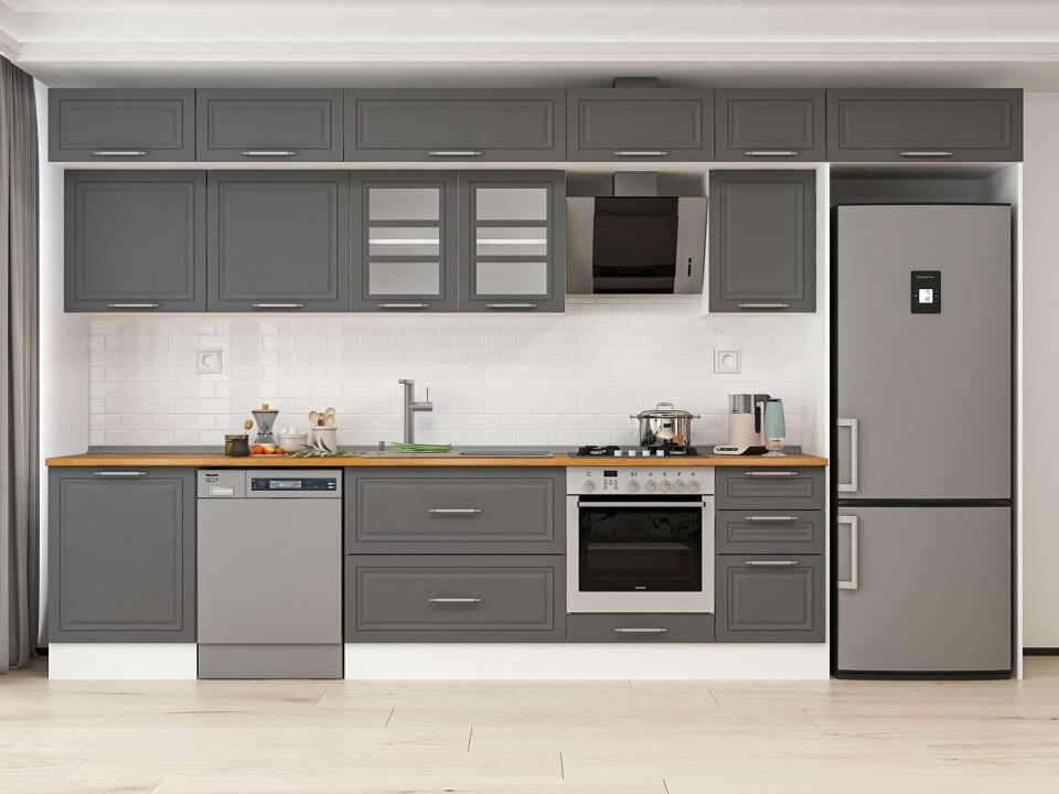 Alvinka 385X240 Cm Klasik Mebran Mutfak Dolabı Mb-E80S60S45-3 Mebran | Antrasit - Mdf