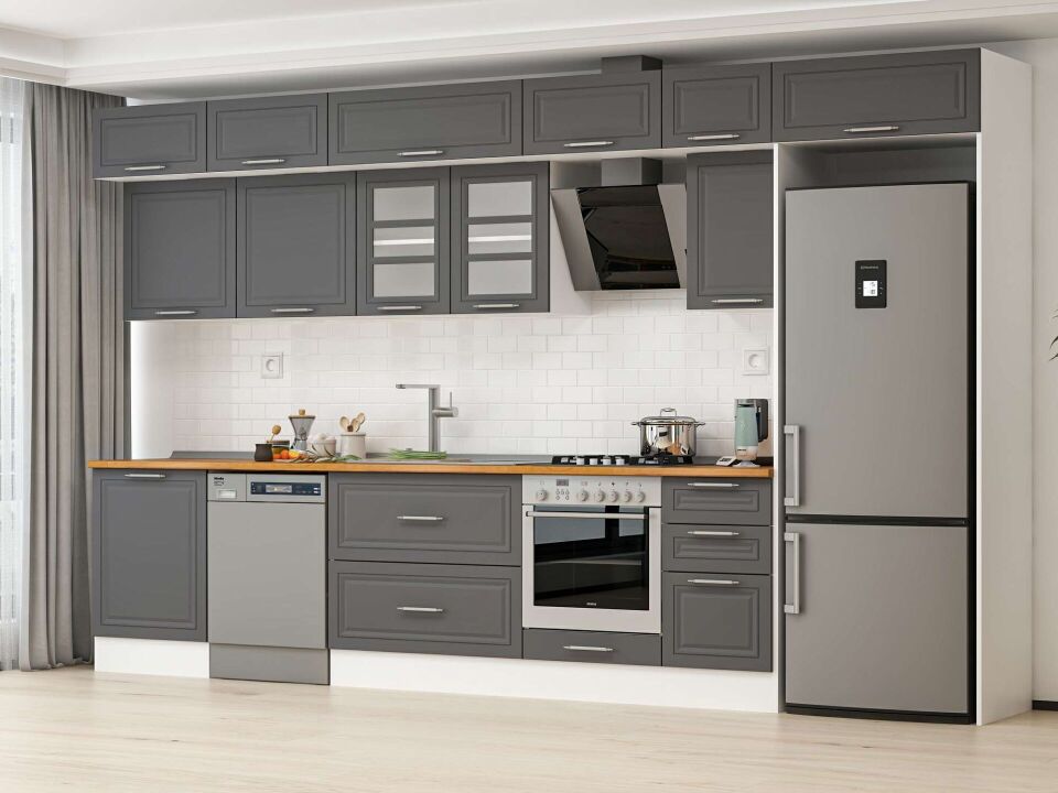 Alvinka 385X240 Cm Klasik Mebran Mutfak Dolabı Mb-E80S60S45-3 Mebran | Antrasit - Mdf