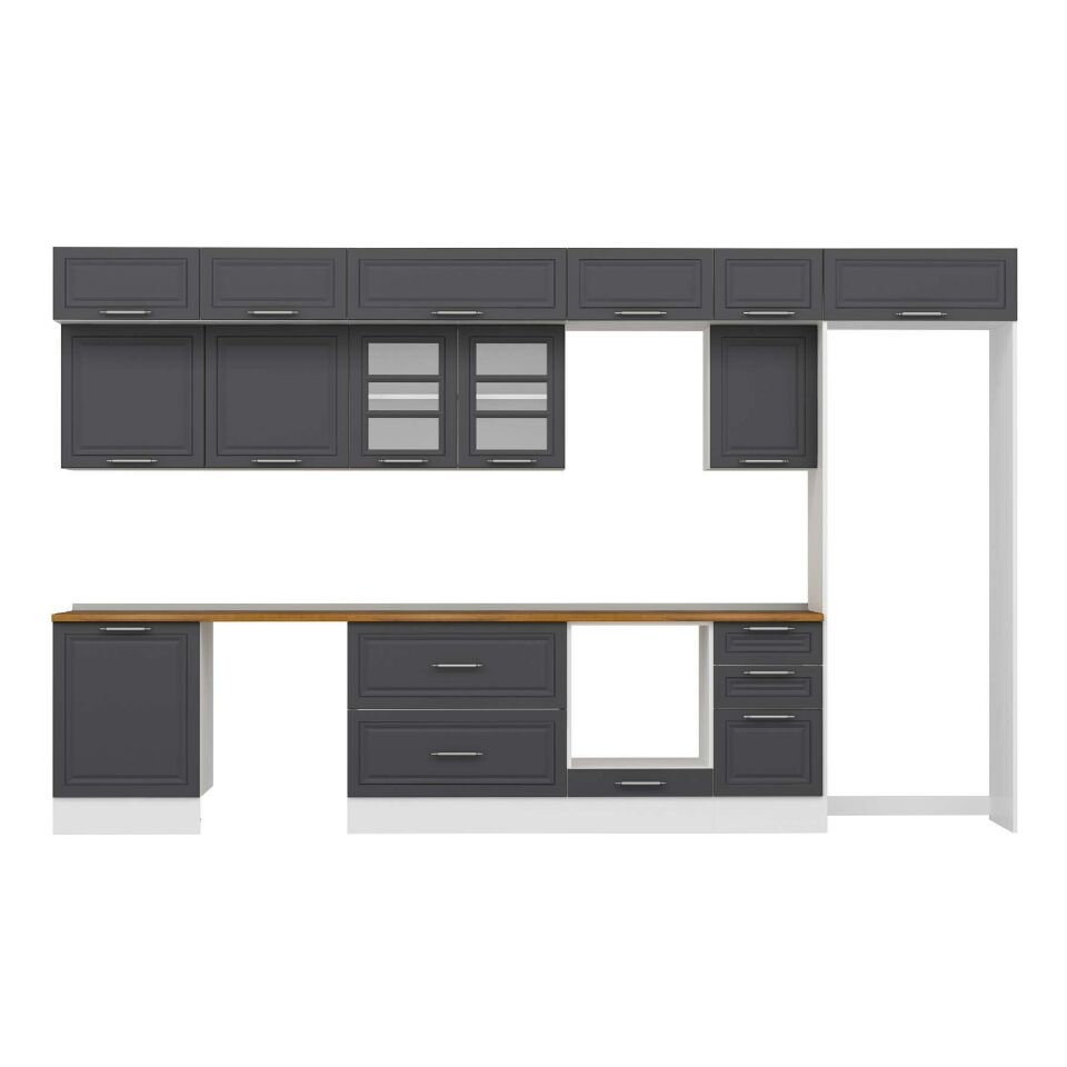Alvinka 385X240 Cm Klasik Mebran Mutfak Dolabı Mb-E80S60S45-3 Mebran | Antrasit - Mdf