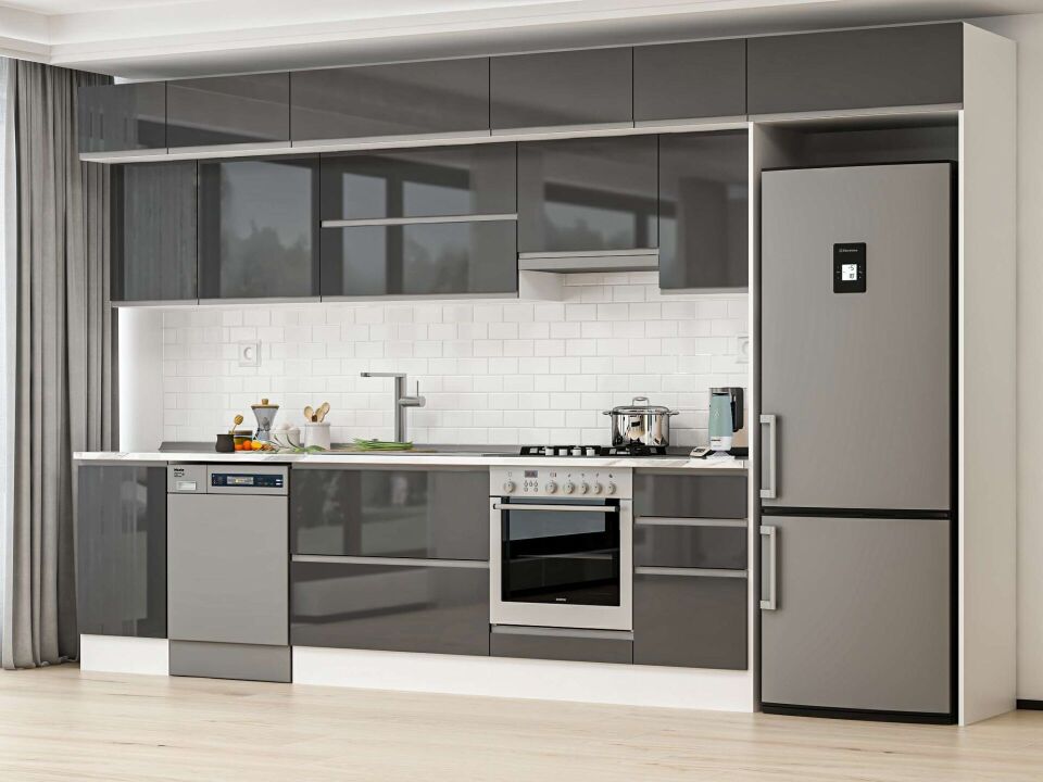 Alvinka 370X240 Cm High Gloss Mutfak Dolabı Mb-E80S45S45-1 High Gloss | Antrasit - Mdf