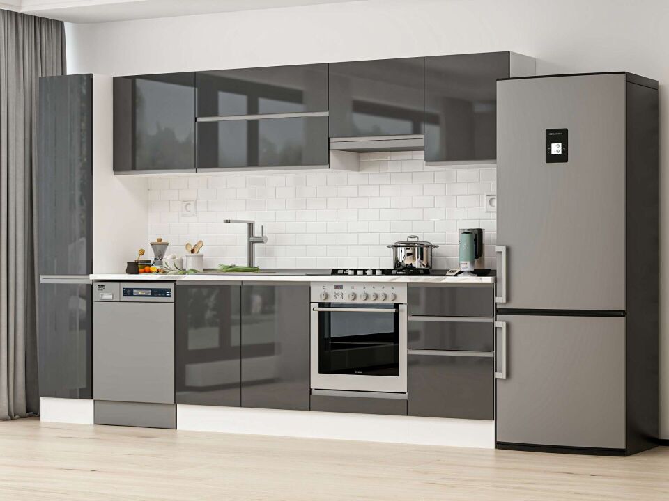 Alvinka 300X210 Cm High Gloss Mutfak Dolabı Mb-E90B40S50-1 High Gloss | Antrasit - Suntalam