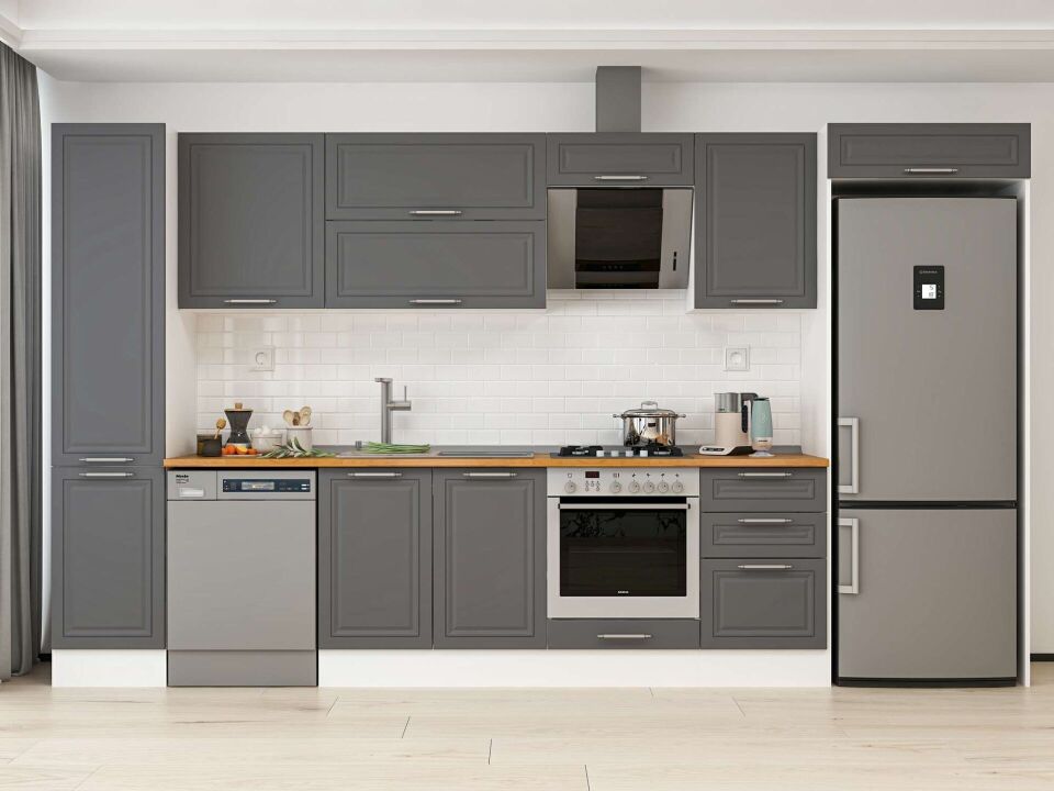 Alvinka 375X222 Cm Klasik Mebran Mutfak Dolabı Mbb-E80B45S50-2 Mebran | Antrasit - Mdf