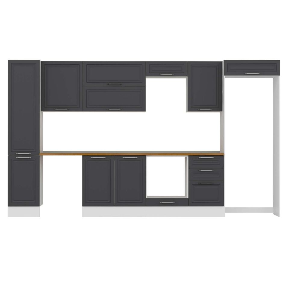 Alvinka 375X222 Cm Klasik Mebran Mutfak Dolabı Mbb-E80B45S50-2 Mebran | Antrasit - Mdf