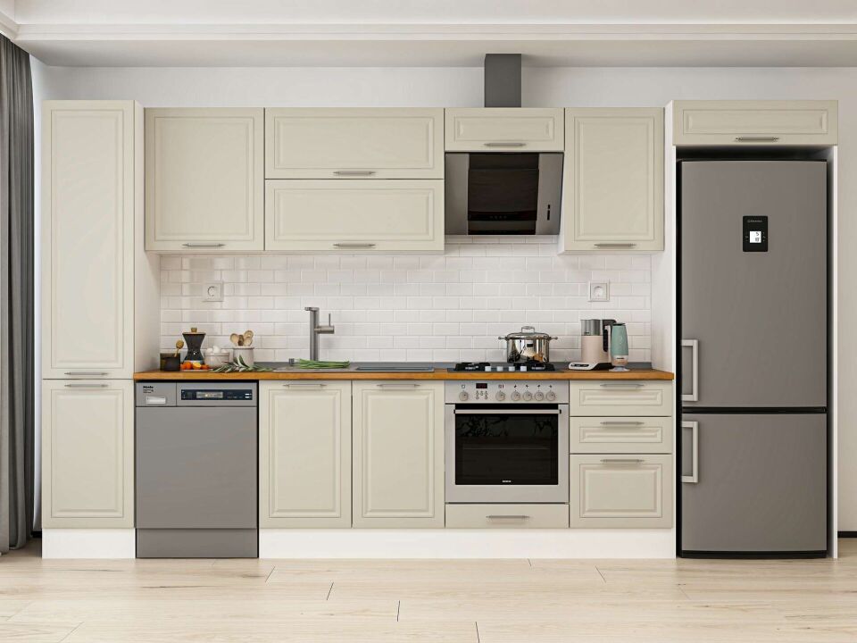 Alvinka 375X222 Cm Klasik Mebran Mutfak Dolabı Mbb-E80B45S50-2 Mebran | Kumtaşı - Mdf