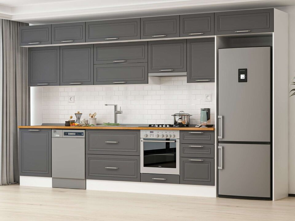 Alvinka 390X240 Cm Klasik Mebran Mutfak Dolabı Mb-E80S60S50-1 Mebran | Antrasit - Mdf