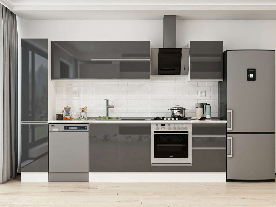 Alvinka 300X210 Cm High Gloss Mutfak Dolabı Mb-E90B40S50-2 High Gloss | Antrasit - Mdf