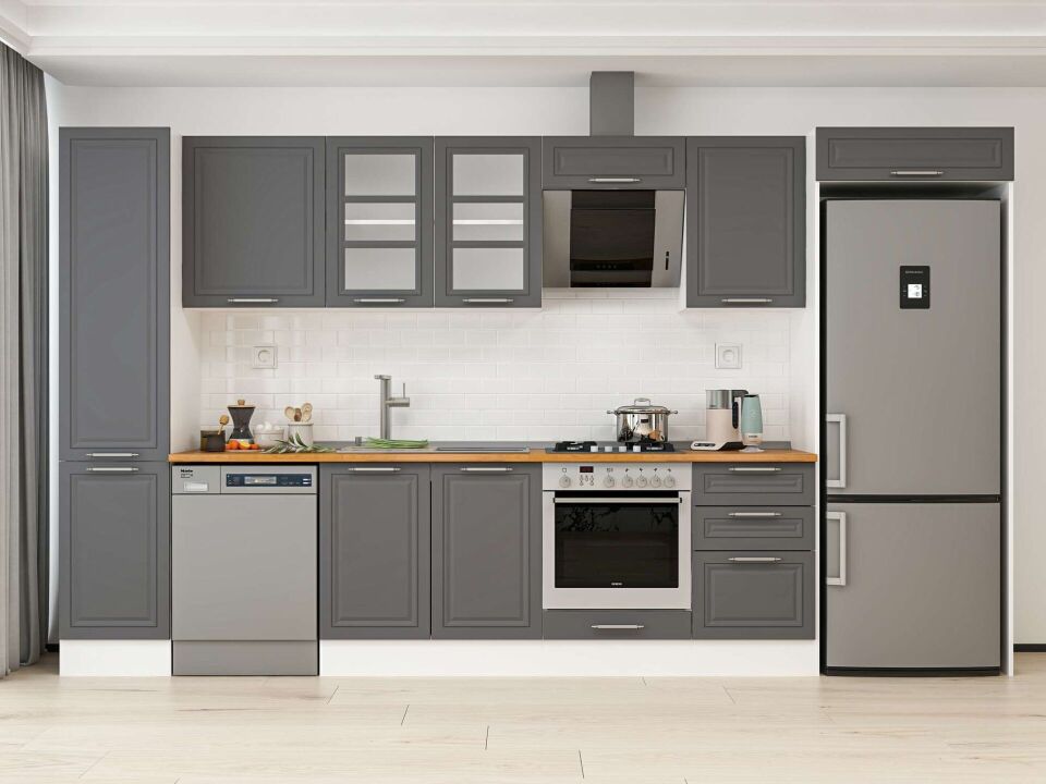 Alvinka 375X222 Cm Klasik Mebran Mutfak Dolabı Mbb-E80B45S50-3 Mebran | Antrasit - Mdf