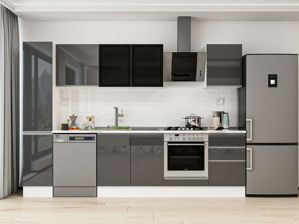 Alvinka 300X210 Cm High Gloss Mutfak Dolabı Mb-E90B40S50-3 High Gloss | Antrasit - Mdf