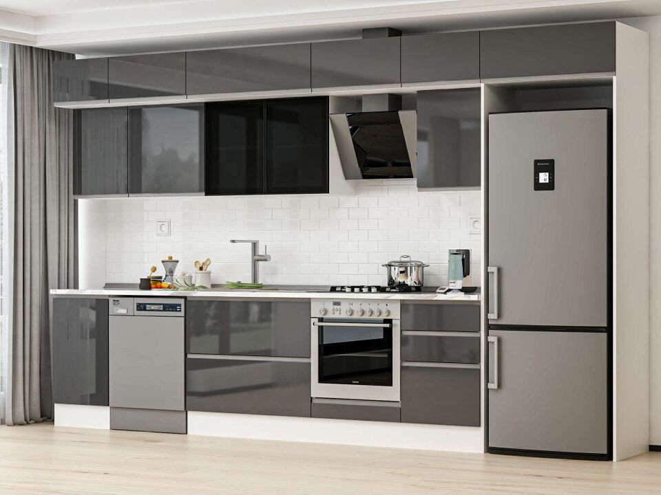 Alvinka 375X240 Cm High Gloss Mutfak Dolabı Mb-E80S45S50-3 High Gloss | Antrasit - Suntalam