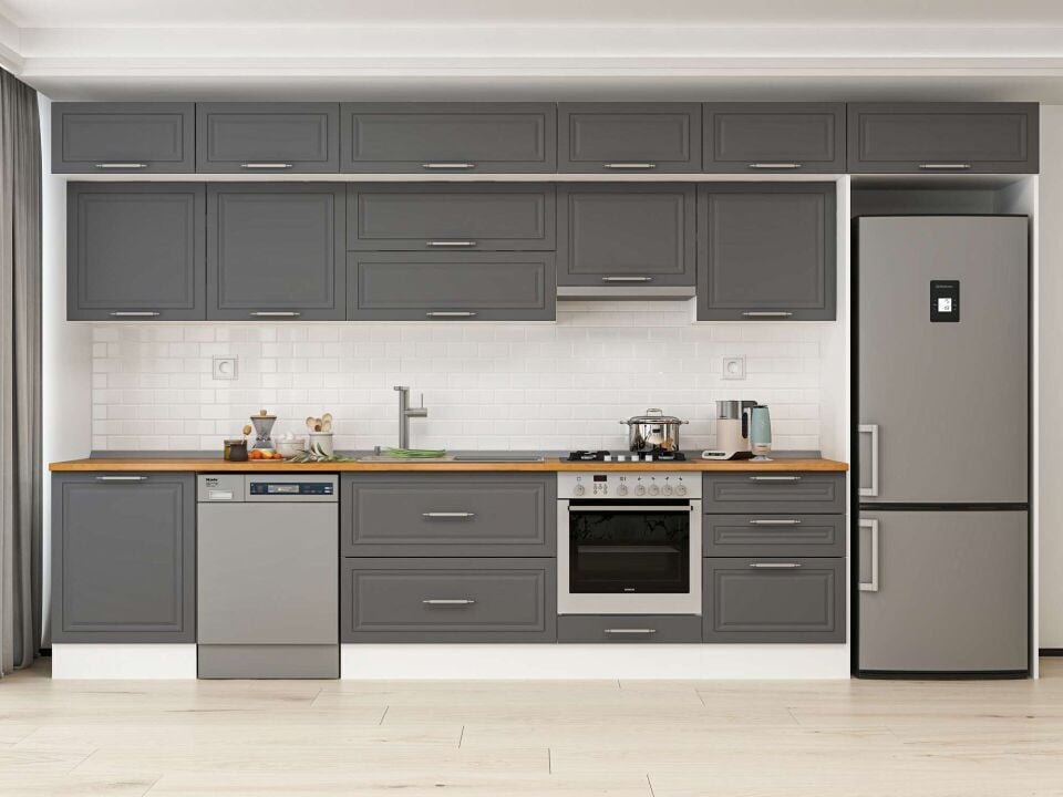 Alvinka 400X240 Cm Klasik Mebran Mutfak Dolabı Mb-E80S60S60-1 Mebran | Antrasit - Mdf