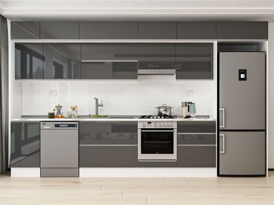 Alvinka 385X240 Cm High Gloss Mutfak Dolabı Mb-E80S45S60-1 High Gloss | Antrasit - Mdf