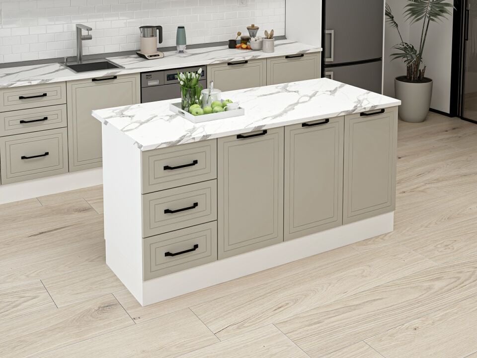 Alvinka 180 Cm Mbr_A Ada Mutfak Dolabı Beyaz Kumtaşı