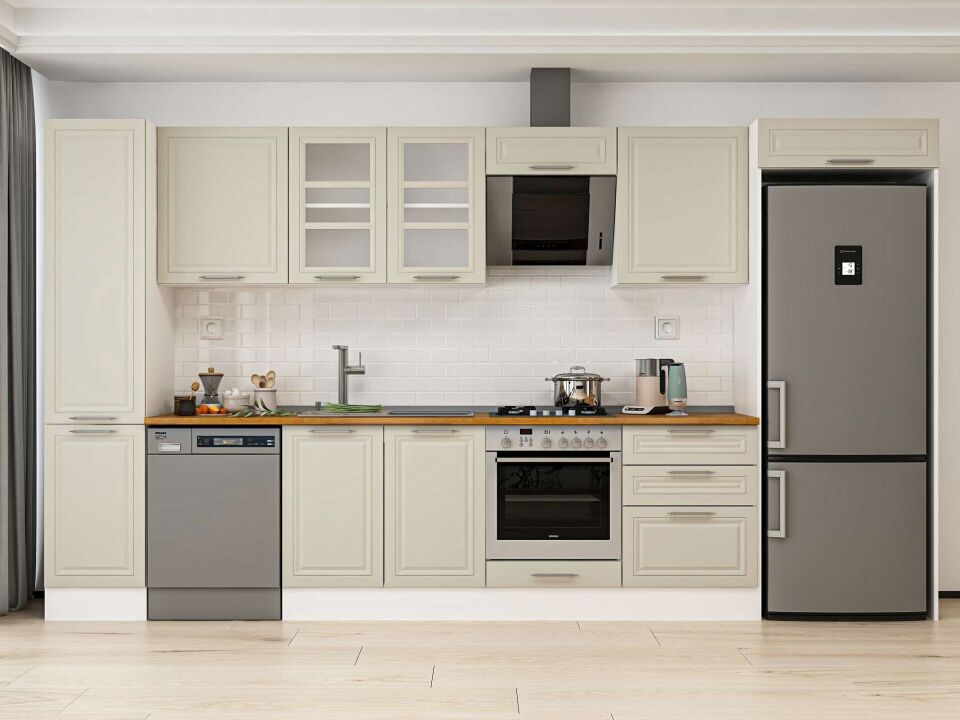 Alvinka 385X222 Cm Klasik Mebran Mutfak Dolabı Mbb-E80B45S60-3 Mebran | Kumtaşı - Mdf