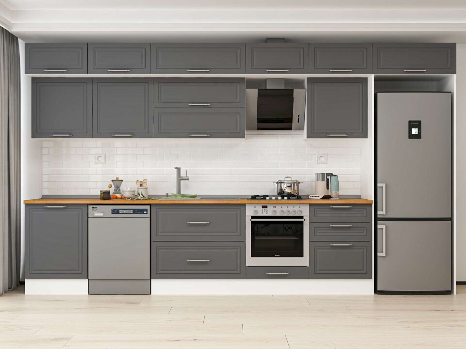 Alvinka 400X240 Cm Klasik Mebran Mutfak Dolabı Mb-E80S60S60-2 Mebran | Antrasit - Mdf