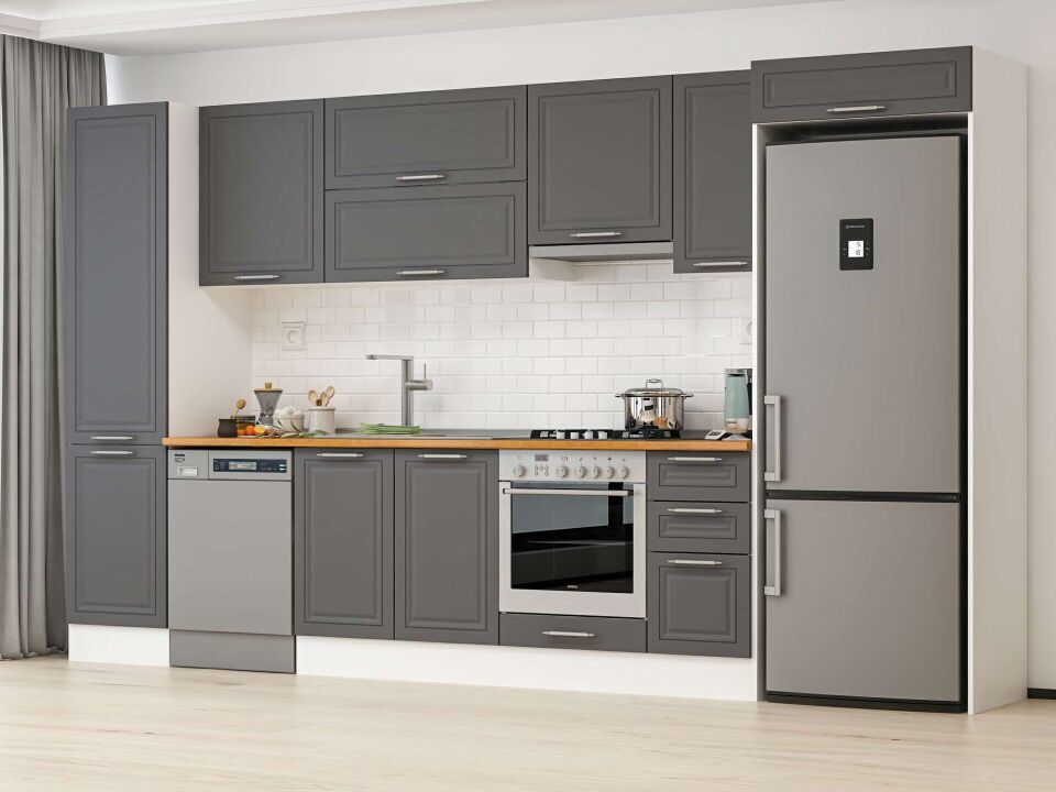 Alvinka 370X222 Cm Klasik Mebran Mutfak Dolabı Mbb-E80B50S40-1 Mebran | Antrasit - Mdf