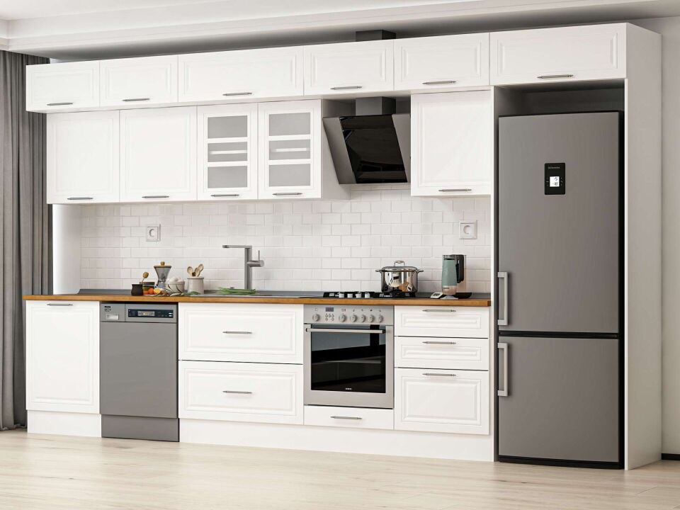 Alvinka 400X240 Cm Klasik Mebran Mutfak Dolabı Mb-E80S60S60-3 Mebran | Beyaz - Mdf