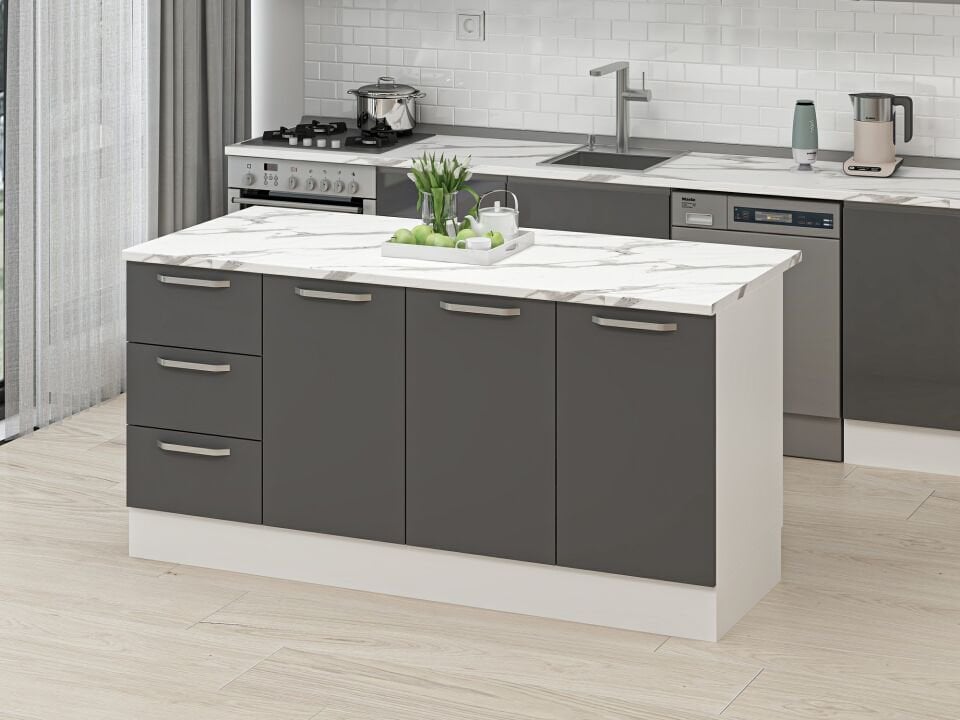 Alvinka 180 Cm Duz Ada Mutfak Dolabı Beyaz Antrasit