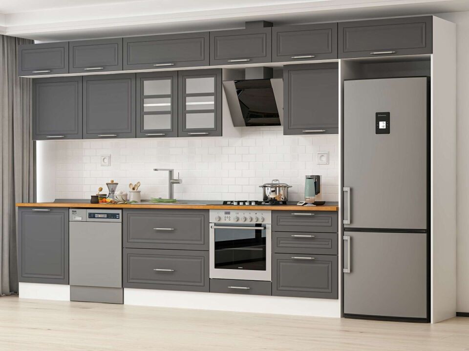 Alvinka 400X240 Cm Klasik Mebran Mutfak Dolabı Mb-E80S60S60-3 Mebran | Antrasit - Mdf
