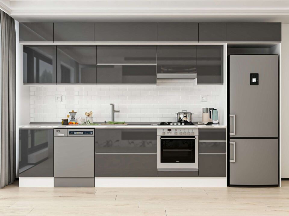 Alvinka 370X240 Cm High Gloss Mutfak Dolabı Mb-E80S50S40-1 High Gloss | Antrasit - Mdf