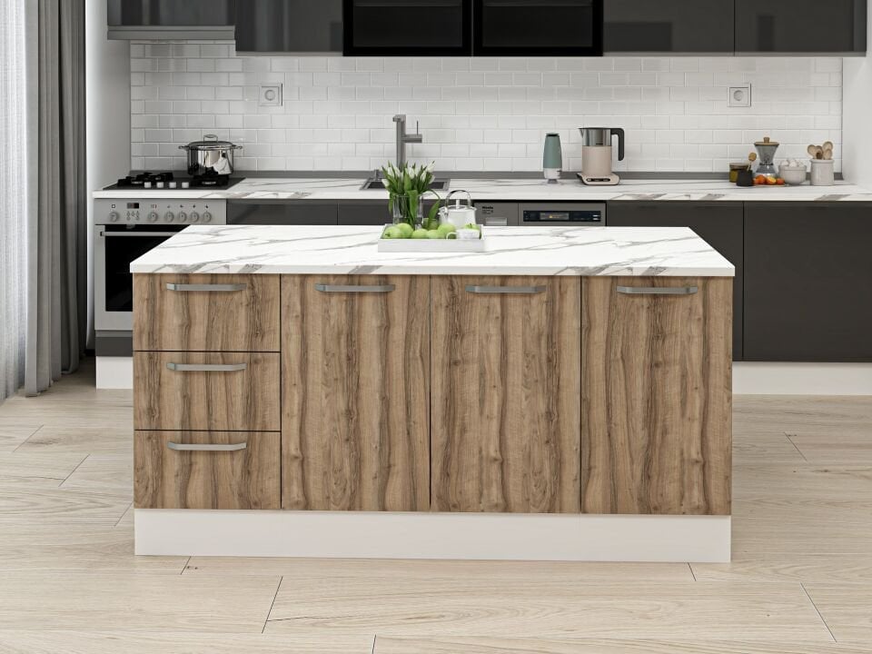 Alvinka 180 Cm Duz Ada Mutfak Dolabı Beyaz Dore