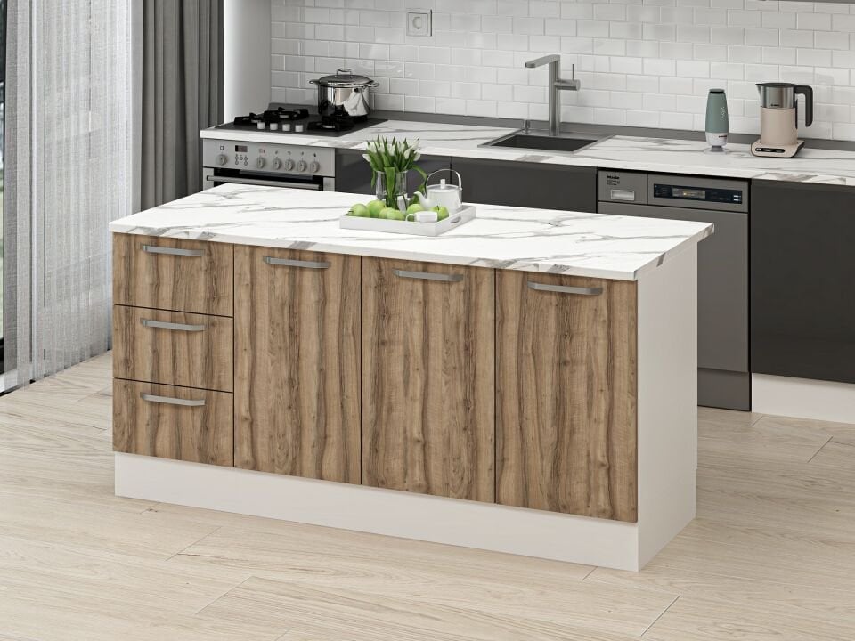 Alvinka 180 Cm Duz Ada Mutfak Dolabı Beyaz Dore