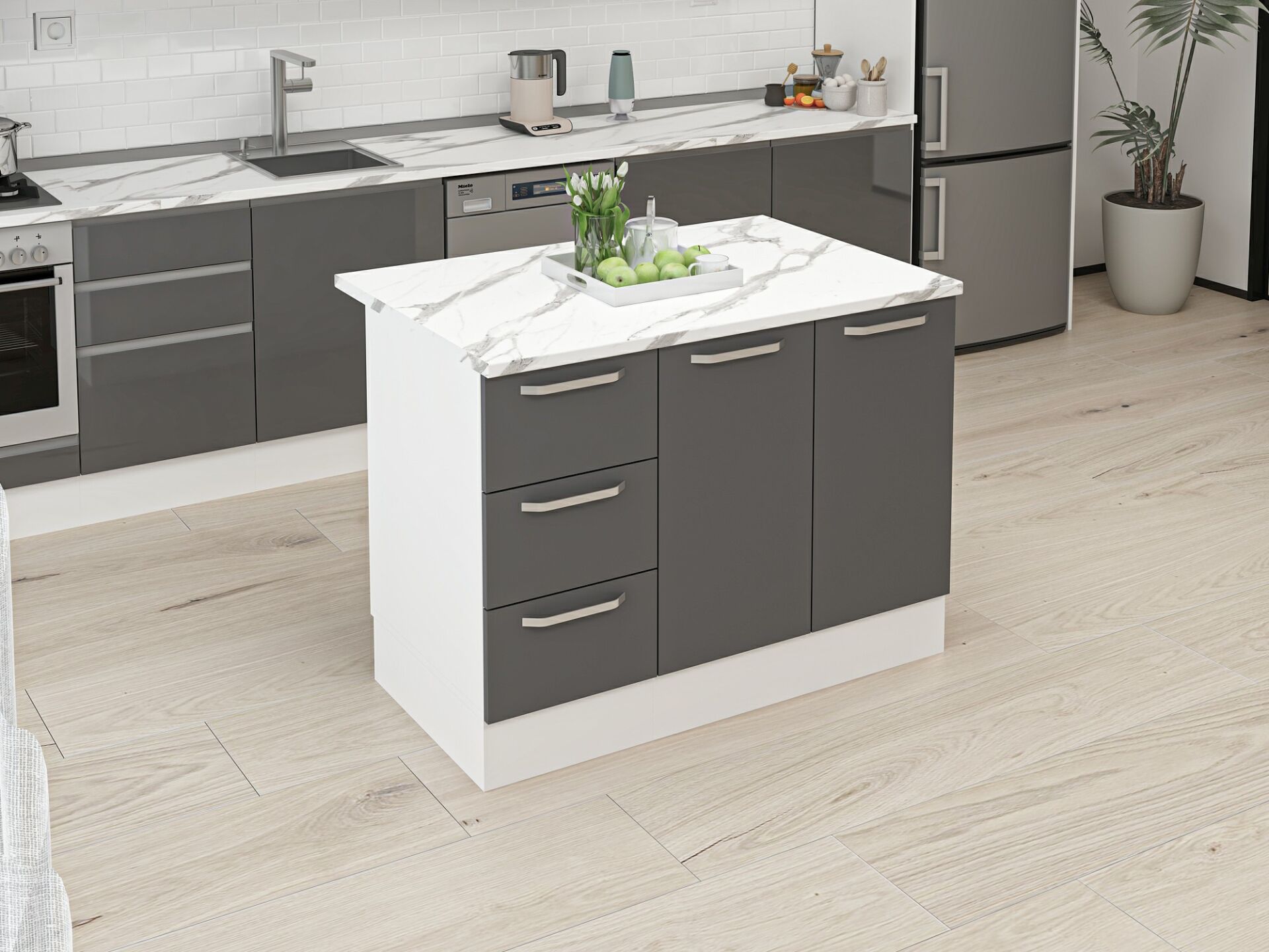 Alvinka 120 Cm Duz Ada Mutfak Dolabı Beyaz Antrasit