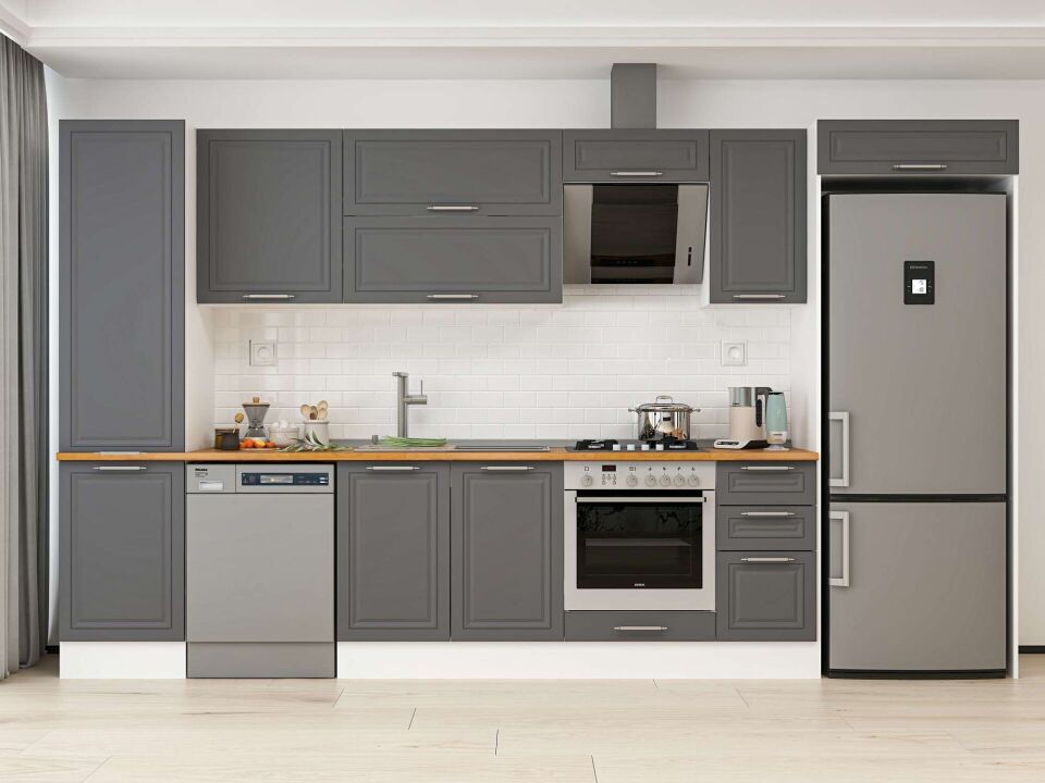 Alvinka 370X222 Cm Klasik Mebran Mutfak Dolabı Mbb-E80B50S40-2 Mebran | Antrasit - Mdf