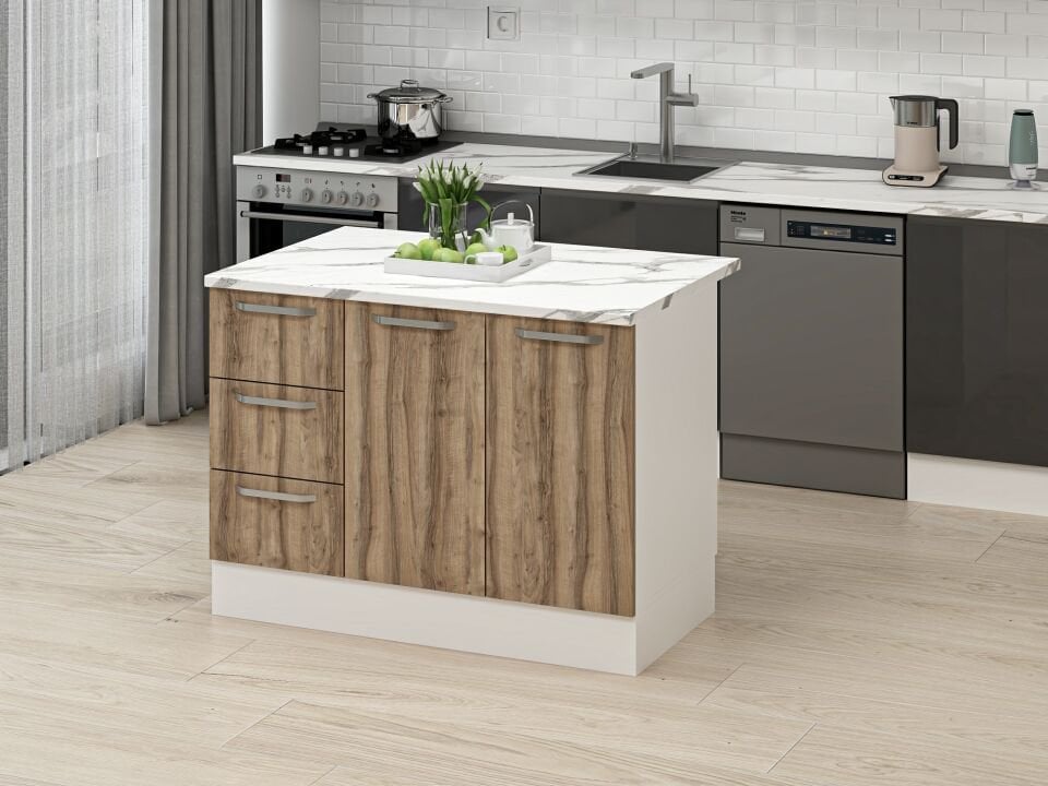 Alvinka 120 Cm Duz Ada Mutfak Dolabı Beyaz Dore