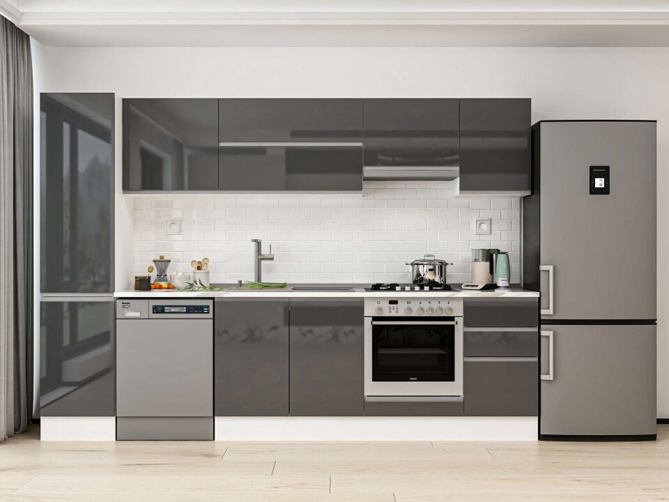 Alvinka 300X210 Cm High Gloss Mutfak Dolabı Mb-E90B45S45-1 High Gloss | Antrasit - Mdf